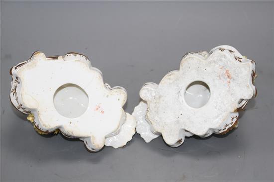 A pair of Derby figures of peacocks, c.1840, red printed crown D mark, H. 15.5 and 16cm